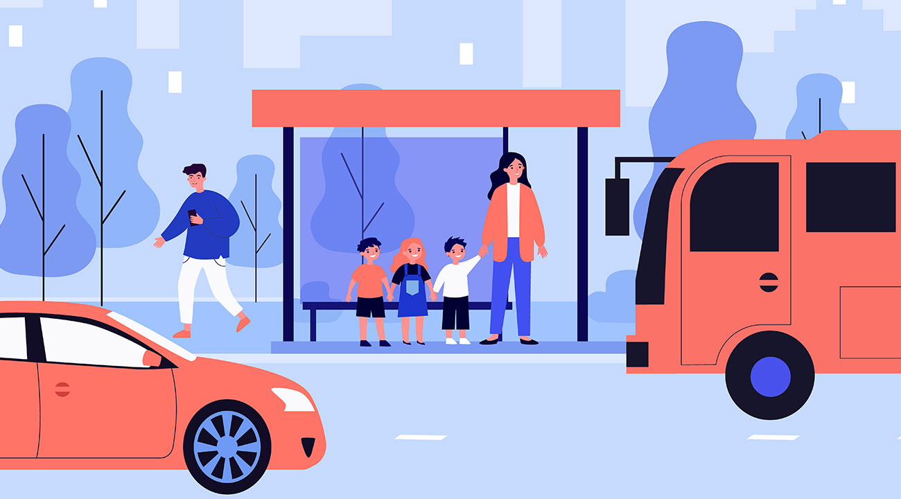 Frau mit drei Kindern und Mann mit Handy warten auf einfahrenden Bus an Haltestelle. Grafische Visualisierung.
