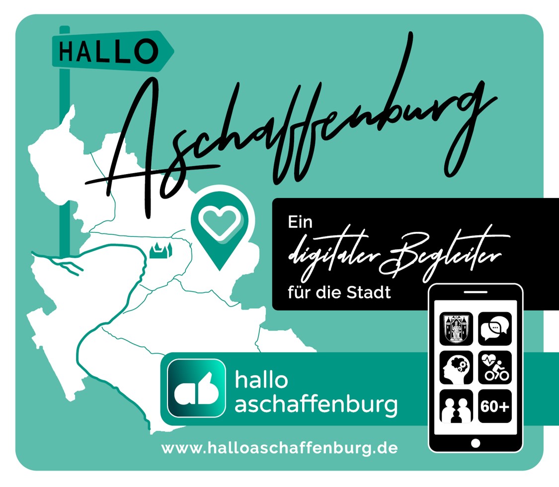Aschaffenburg als Karte mit dem Hinweis die App "Hallo Aschaffenburg" herunterzuladen.