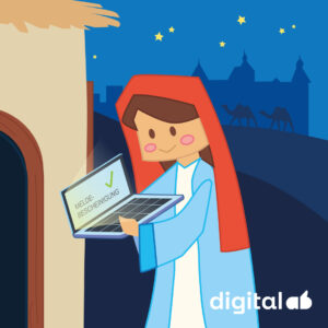 Man sieht Maria mit einem Laptop, auf dem Laptop steht "Meldebescheinigung" mit grünem Haken