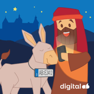 Josef schaut auf sein Smartphone, ein Esel hat ein Kennzeichen um den Hals gehängt. Im Hintergrund das Aschaffenburger Schloss. Es geht um die KFZ-Anmeldung, die jetzt auch online erfolgen kann.
